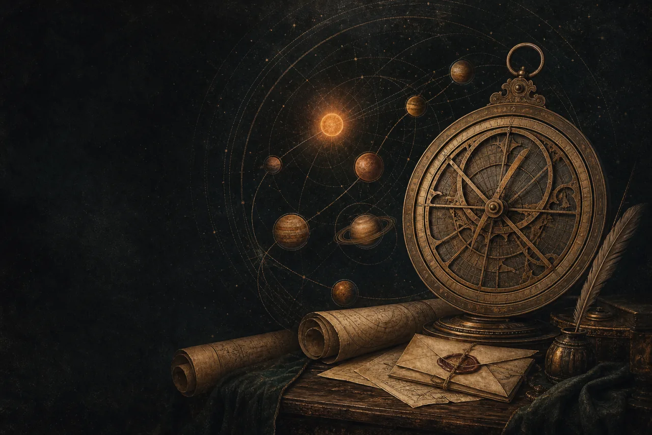 An antique brass astrolabe surrounded by a small constellation of glowing planets.